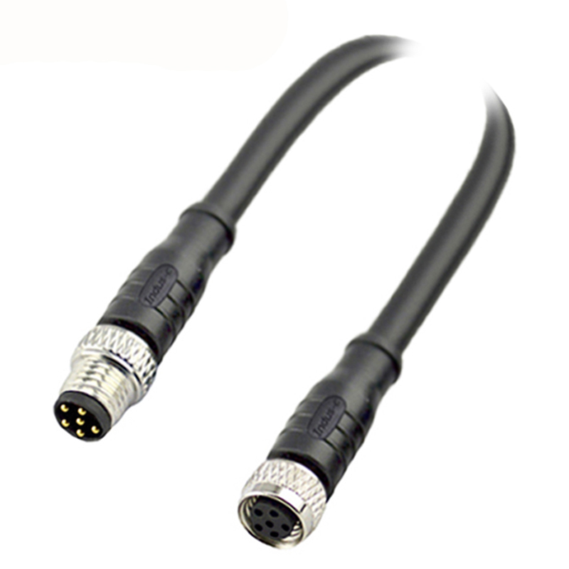 M8 6pins A code male to female straight molded cable,unshielded,PVC,-10°C~+80°C,26AWG 0.14mm²,brass with nickel plated screw